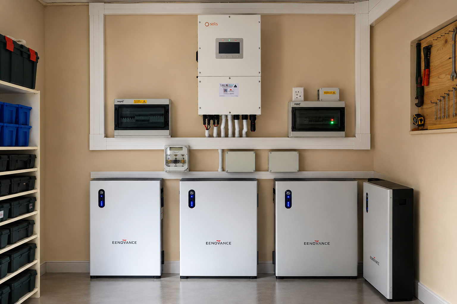 A Solis inverter and three Eenovance batteries mounted in a garage